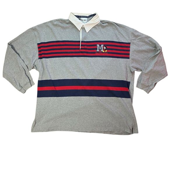 Disney World Rugby Polo XXL Grey Vintage Striped Mickey Mouse Long Sleeve Retro - Picture 2 of 13